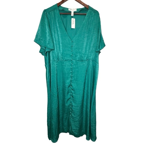 Addition Elle Green Satin Buttoned Midi Dress with Flutter Sleeves Size 22 NWT - Picture 6 of 12